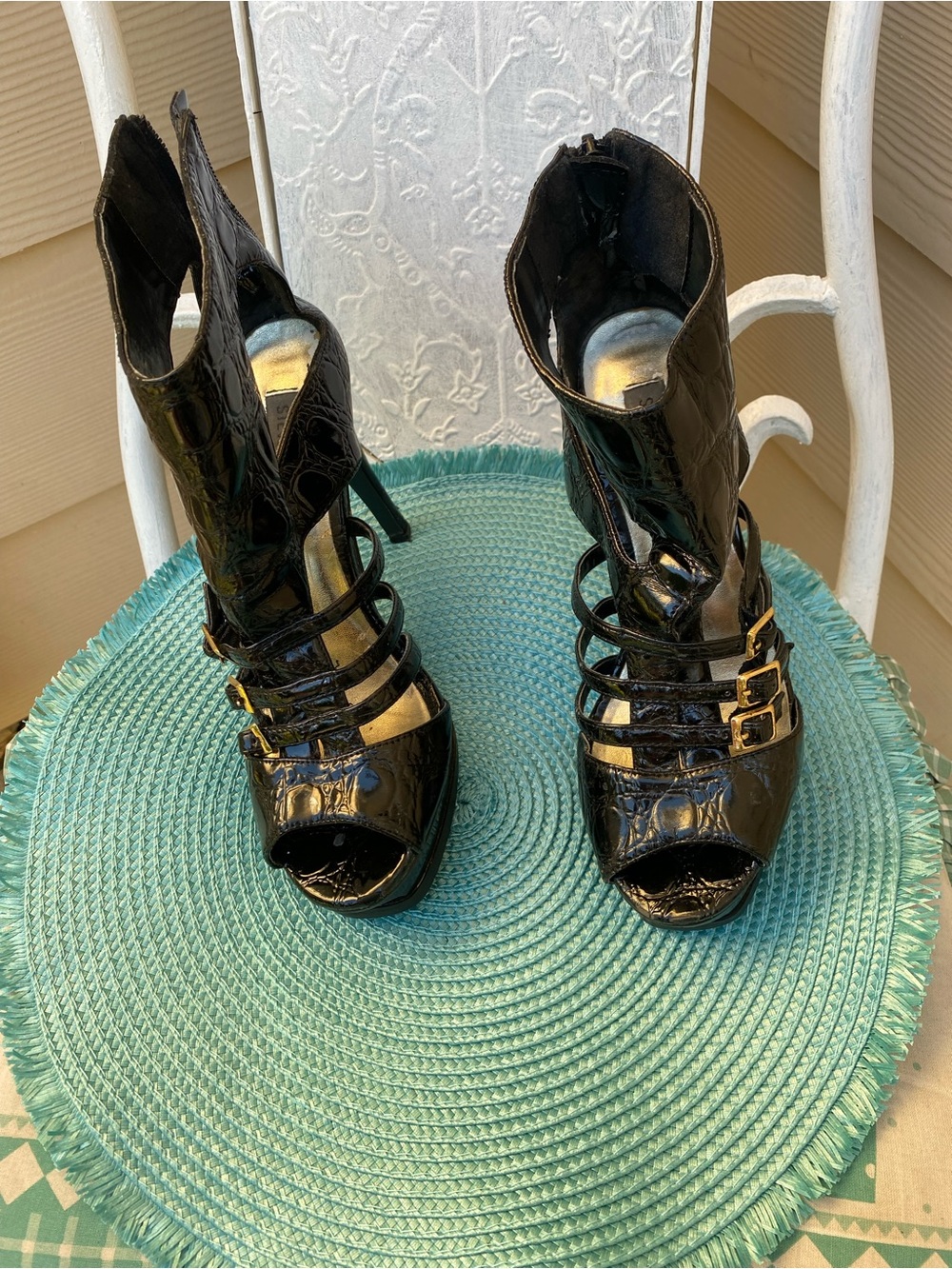Steve Madden Black Patent Strappy Peep-Toe Heeled Booties with Gold Buckles